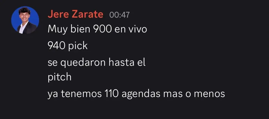 Jere Zarate: 900 en vivo, se quedaron hasta el pitch y ya tienen 110 agendas